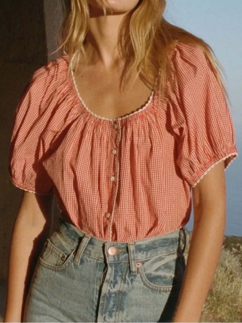 Doen Red Gingham Organic Cotton Babydoll Blouse Size S